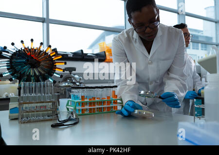 Female scientist using magnifying glass Stock Photo