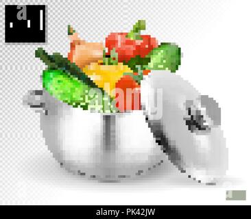 Big red pot for soup with vegetables. Realistic vector, 3d illustration Stock Vector