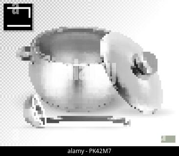Saucepan and ladle. from stainless steel. on a transparent background. Realistic vector, 3d illustration Stock Vector