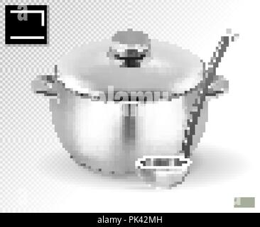 Saucepan and ladle. from stainless steel. on a transparent background. Realistic vector, 3d illustration Stock Vector