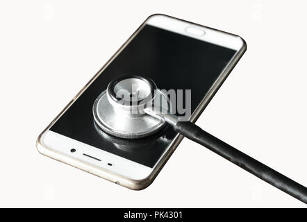 Stethoscope checking on smartphone, Security technology concept. on white background with clipping path Stock Photo