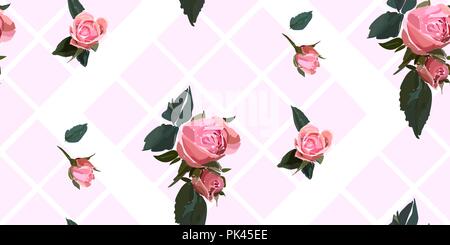 Floral seamless background pattern. Watercolor pink garden roses in hand drawn style. Elegant flowers, vector illustration for textile, wrapping paper Stock Vector