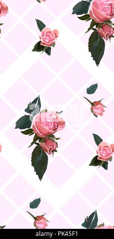 Floral seamless background pattern. Watercolor pink garden roses in hand drawn style. Elegant flowers, vector illustration for textile, wrapping paper Stock Vector