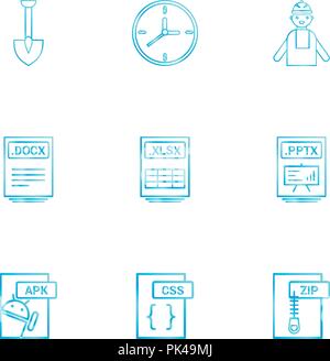 Spade ,clock , engineer , pptx ,power point , zip , compressed , docx , xlsx , excel file , css , apk android ,icon, vector, design,  flat,  collectio Stock Vector