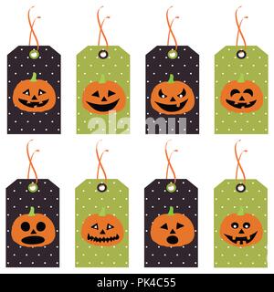 Set of cute Halloween pumpkins tags. Vector hand drawn illustration. Stock Vector