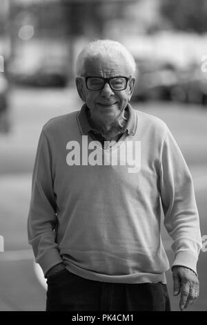 London, UK, 9th Sep 2018. Barry Cryer ( Image digitally altered to monochrome ) Writer seen at the BBC studios in London Stock Photo