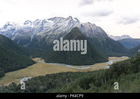 Routeburn Track, New Zealand Great Walk, Snowy Mountains, Green Forest, rivers Stock Photo