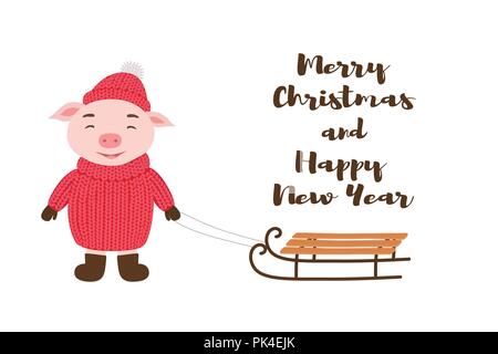 Cute pig in winter clothing with sledges. Vector illustration for Christmas and new year cards Stock Vector