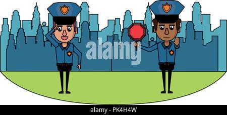 Cops in the city colorful Stock Vector