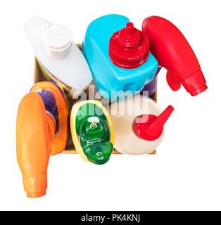 various sprays and detergents in box cutout on white background Stock Photo