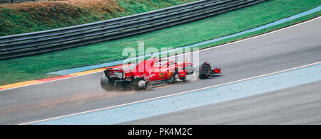 Kimi Raikkonen in his damaged Ferrari after getting hit during a huge crach at turn one, during the 2018 Belgian Brad Prix Stock Photo