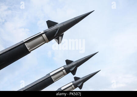 Ballistic missile warheads on a Russian rocket launcher in Belgrade, Serbia, during a sunny afternoon.   Picture of conventionnal missile warheads, Ru Stock Photo