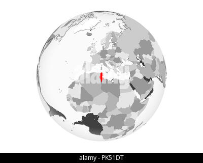 Tunisia highlighted in red on grey political globe with transparent oceans. 3D illustration isolated on white background. Stock Photo