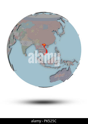 Vietnam on political globe with shadow isolated on white background. 3D ...