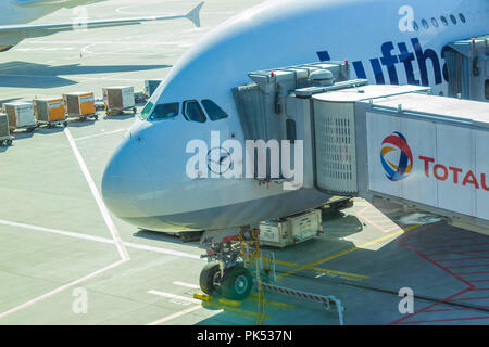 Frankfurt, Germany - April 28, 2018: Aircraft line Lufthansa Airbus A380 ready for departure. Stock Photo