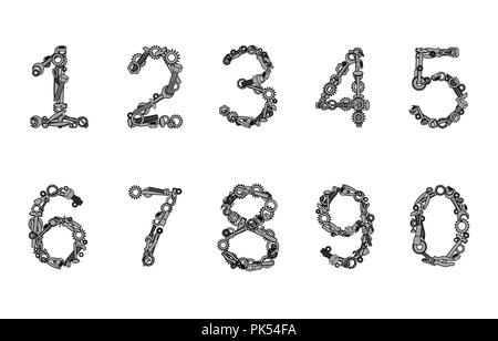 Numbers set made from hand tools. Nuts, bolts, pliers, screws, and other instruments. Vector illustration Stock Vector