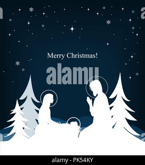 Vector nativity scene. Mary, Jesus, and Joseph silhouettes and fir-trees background. Manger scene Stock Vector