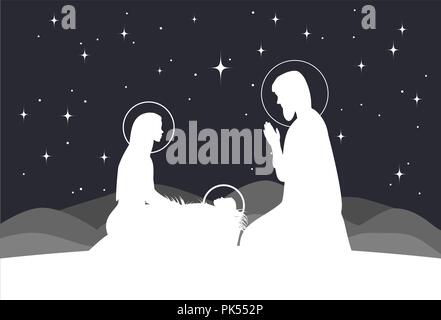 Vector nativity scene. Mary, Jesus, and Joseph silhouettes and mountains landscape Stock Vector