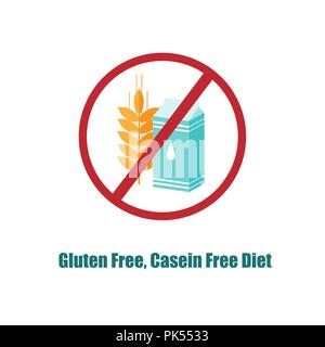 Gluten and Casein free icon or label. Crosed sign with pack of milk and wheat ear. Symbol of diet that could be helpful for people with autism, epilep Stock Vector