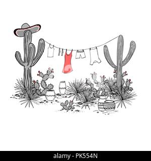 Funny hand drawn illustraytion with jars, saguaro, blue agave, prickly pear, sombrero, and laundry hanging on a clothesline. Latin American background. Mexican landscape. Stock Vector