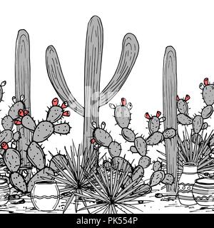Hand drawn seamless pattern with jars, saguaro, blue agave, and and prickly pear. Latin American background. Mexican landscape Vector illustration. Stock Vector
