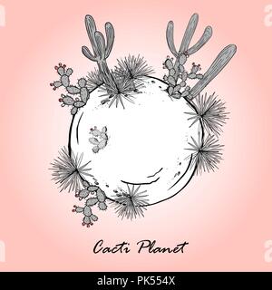 Cute card with cacti planet. Saguaro, prickly pear, and blue agave on small planet. Vector illustration Stock Vector