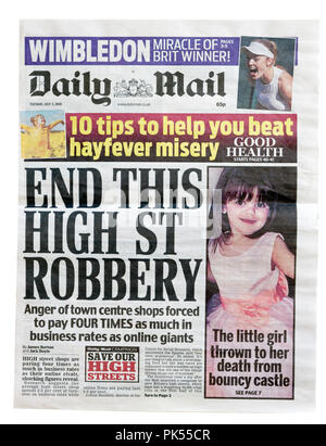 Front page of the Daily Mail with the headline End This High Street Robbery, about the difference in taxes paid by online and high street stores Stock Photo