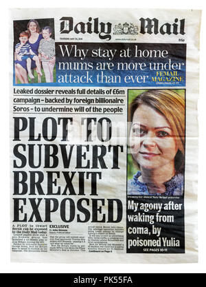 Front page of the Daily Mail with the headline Plot to Subvert Brexit Exposed, about attempts to stop Brexit and keep Britain in the EU Stock Photo