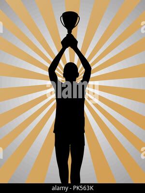 Young sport winner holding a winning trophy on gold silver background Stock Vector