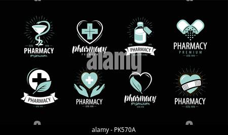 Drugstore, pharmacy set of logos or labels. Medicine, health, hospital symbol. Vector illustration Stock Vector