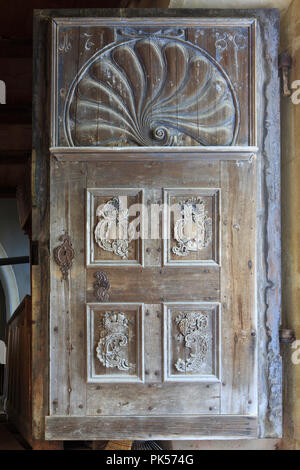Main entrance door of the Lutheran fortified church (1524) in Biertan (Transylvania), Romania Stock Photo