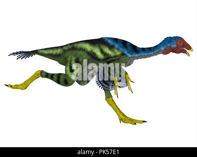 Caudipteryx Dinosaur Running - Caudipteryx was an oviraptor beaked carnivorous dinosaur that lived in China in the Cretaceous Period. Stock Photo
