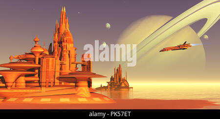 Titan Moon Environment - A colony on Titan, one of Saturn's moons, expects a delivery from Earth of new personnel, food and equipment. Stock Photo