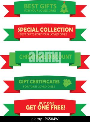 Christmas sale / promotion ribbon banner collection in red and green isolated on white background Stock Vector