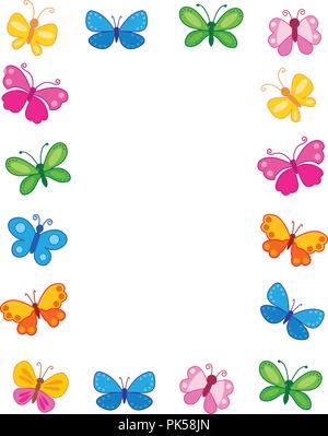 Colorful butterfly frame with differend shaped and colored butterfly collection and empty white space on center Stock Vector