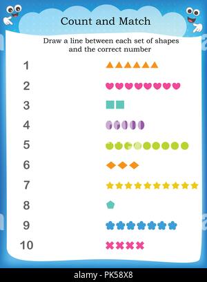 Kids worksheet with counting exercises | count and match equal numbers of pictures Stock Vector