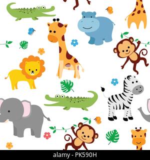 Cute animals fabric seamless pattern with flowers and butterflies. Stock Vector