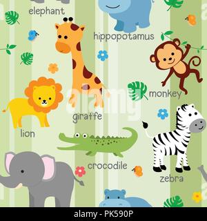 Cute animals fabric seamless pattern with flowers and butterflies. Stock Vector