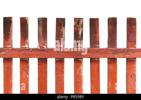 rustic old shabby wooden fence painted in red isolated on white Stock Photo