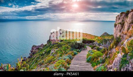 Colorful spring scene on the cape Milazzo, nature reserve Piscina di Venere, Sicily, Italy, Mediterranean sea, Europe. Stock Photo