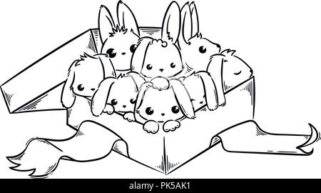 Holiday card with Cute Rabbits in a present box. Cartoon vector illustration for greetings card, design, print, coloring. Stock Vector