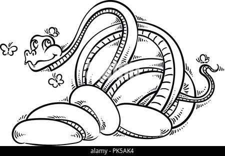 Funny and friendly cartoon snake with butterflies. Cute vector illustration for kids, prints, design, cards, coloring. Stock Vector