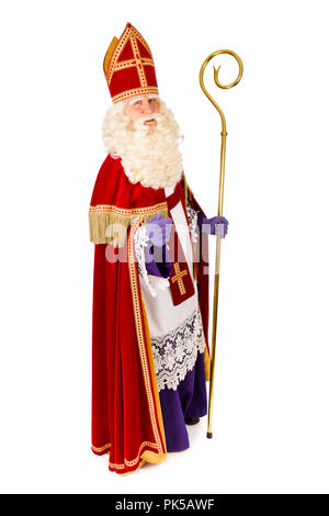 Saint Nicholas with staff portrait . Full length isolated on white background Stock Photo