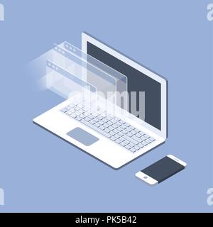 Isometric laptop and opened windows - software development and internet concept Stock Vector