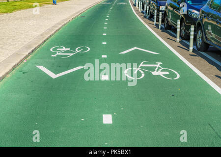 bicycle sign with arrow on the asphalt, bike road sign on the street, bicycle lane sign on street .