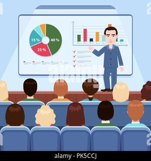 Businessman in suit and tie making presentation explaining charts on board for audience in the conference hall, business seminar, training, meeting, l Stock Vector