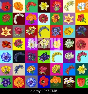 Big group set of flowers and bouquets of garden and meadow flower. Sketch for stickers, card, seamless texture for wrapping paper on theme of nature and gardening. Cartoon vector close-up illustration Stock Vector