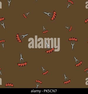 Sausage fork pattern seamless. Vector illustration. Brown background. Stock Vector