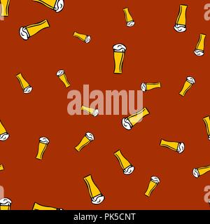 Glass beer pattern seamless. Vector illustration. Brown background. Stock Vector
