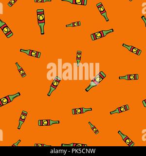 Bottle beer pattern seamless. Vector illustration. Orange background. Stock Vector